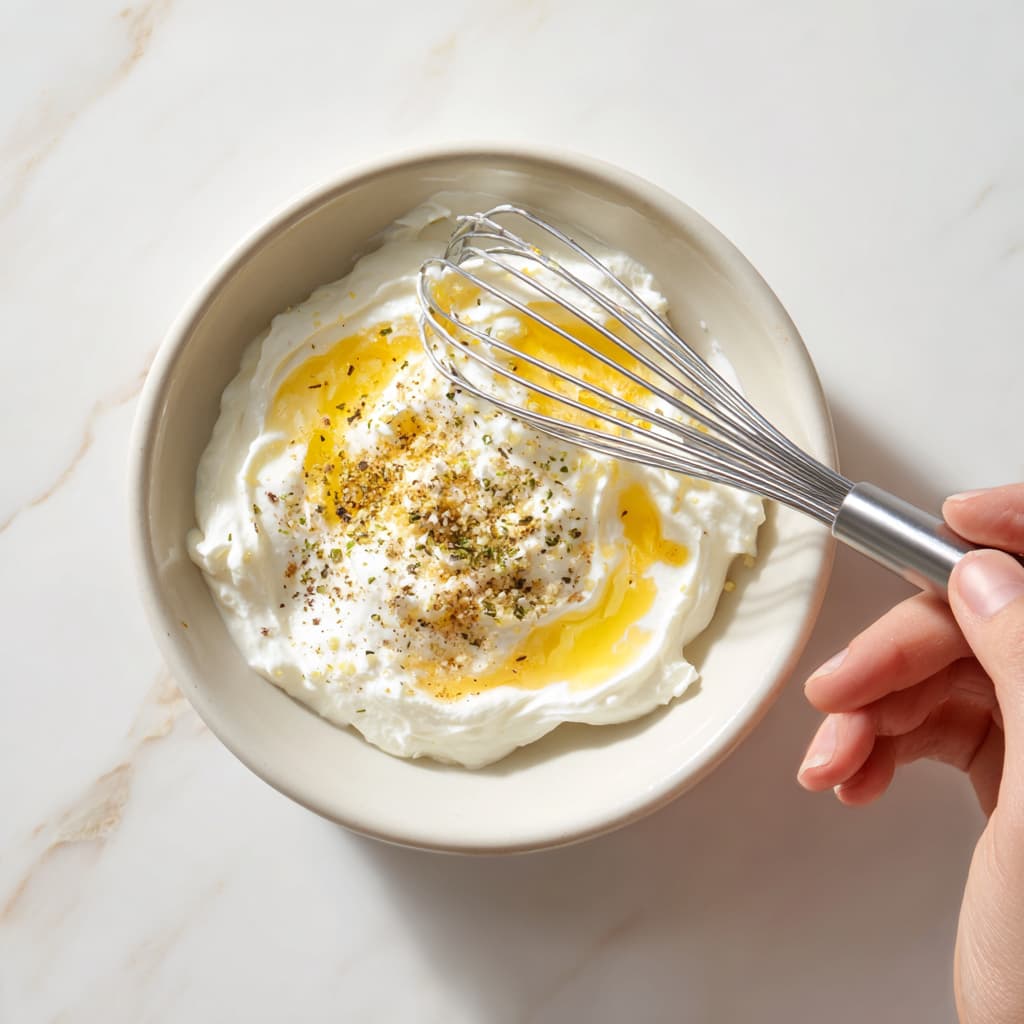 Greek yogurt dressing being whisked with lemon juice, garlic, and olive oil.