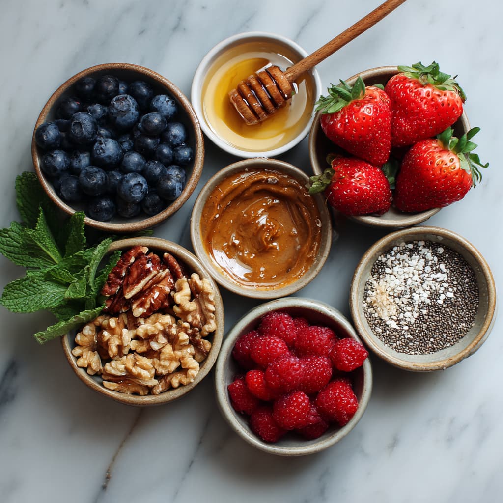 Overhead shot of Greek yogurt bowl toppings: fresh berries, almond butter, chia seeds, flaxseed, honey, chopped walnuts, and mint on a marble surface.