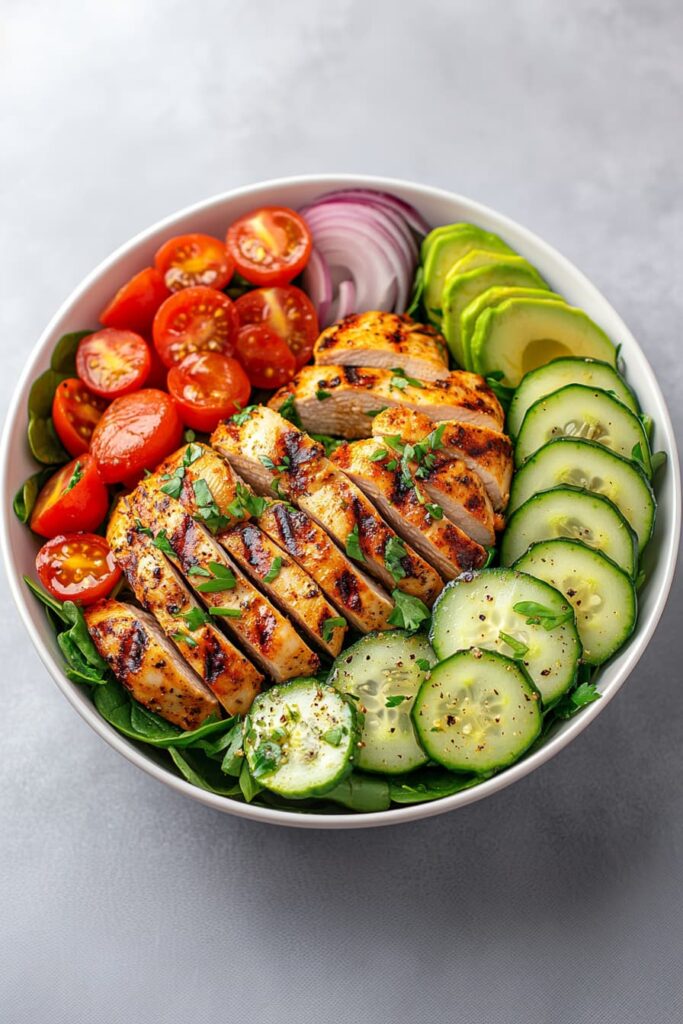 Grilled chicken avocado salad with spinach, romaine, tomatoes, cucumber, red onion, and lemon vinaigrette in a white bowl.