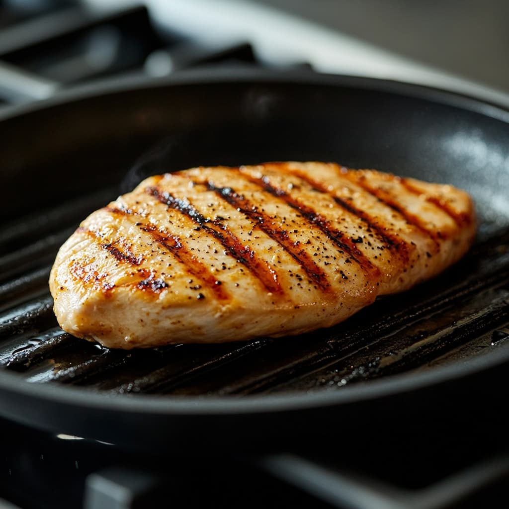 Seasoned chicken breast sizzling on a grill, with light char marks forming, representing the start of the high-protein salad base.