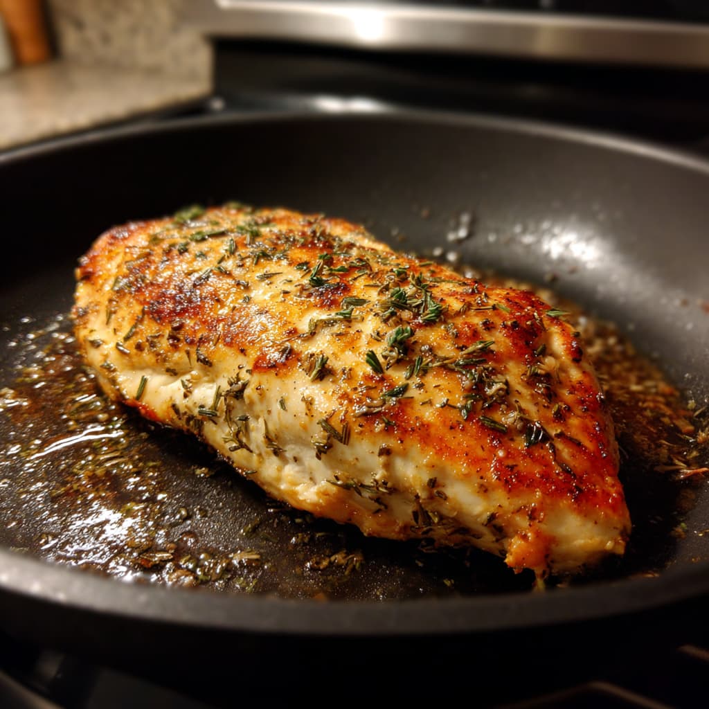 Grilled chicken breast in skillet seasoned with Italian herbs and garlic.