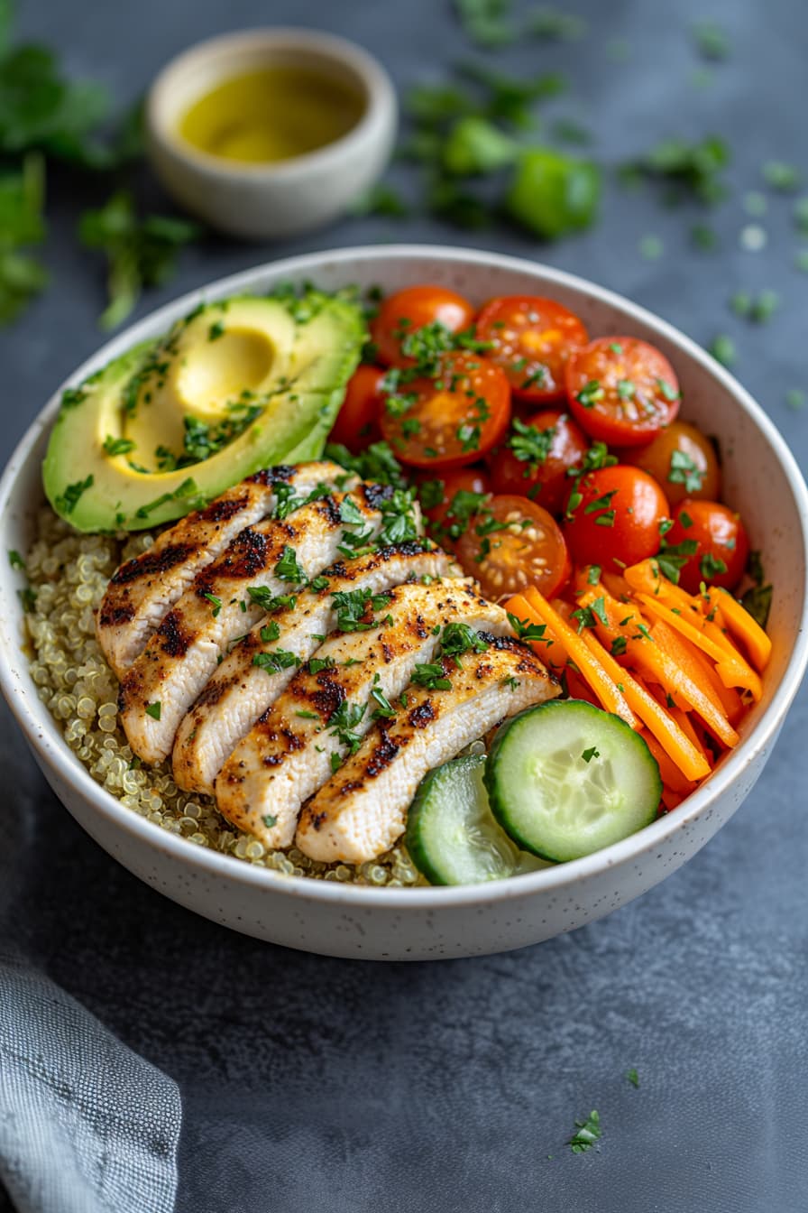 Grilled chicken quinoa bowl with avocado, fresh vegetables, and lemon vinaigrette