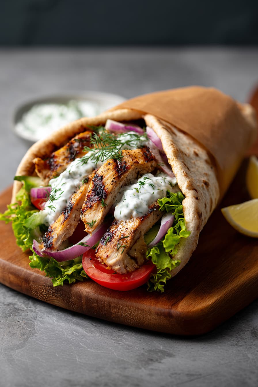 Grilled chicken gyro wrapped in warm pita, filled with lettuce, tomatoes, cucumbers, and red onion, topped with creamy tzatziki and fresh dill, served on a wooden board.