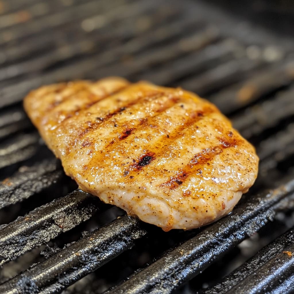 Seasoned chicken breast grilling over open flame with grill marks