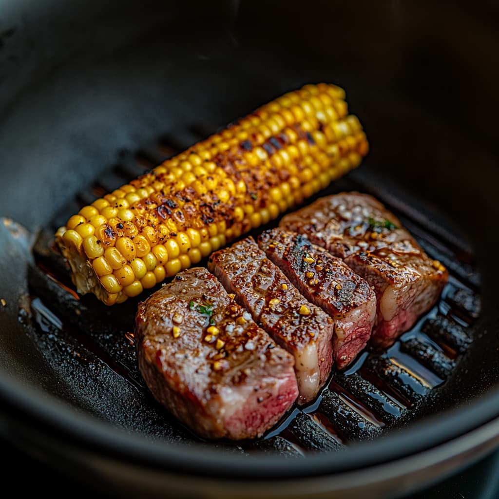 Corn and sirloin steak grilling on a barbecue with char marks and caramelized edges.