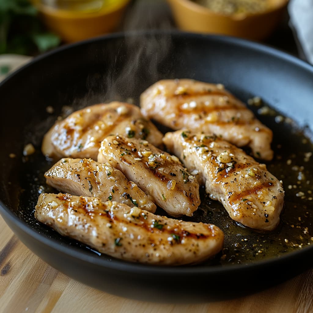 Grilling marinated chicken tenderloins in a pan with golden sear marks.