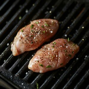 Chicken breasts being seasoned and grilled with Mediterranean spices.
