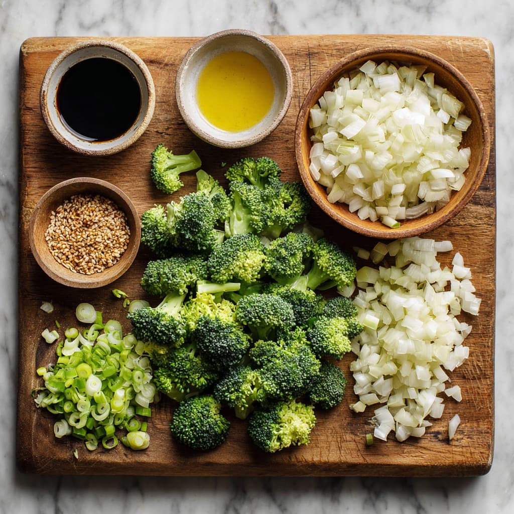 Prepped ingredients including chopped broccoli, minced garlic, diced onions, and sauces on a wooden board.