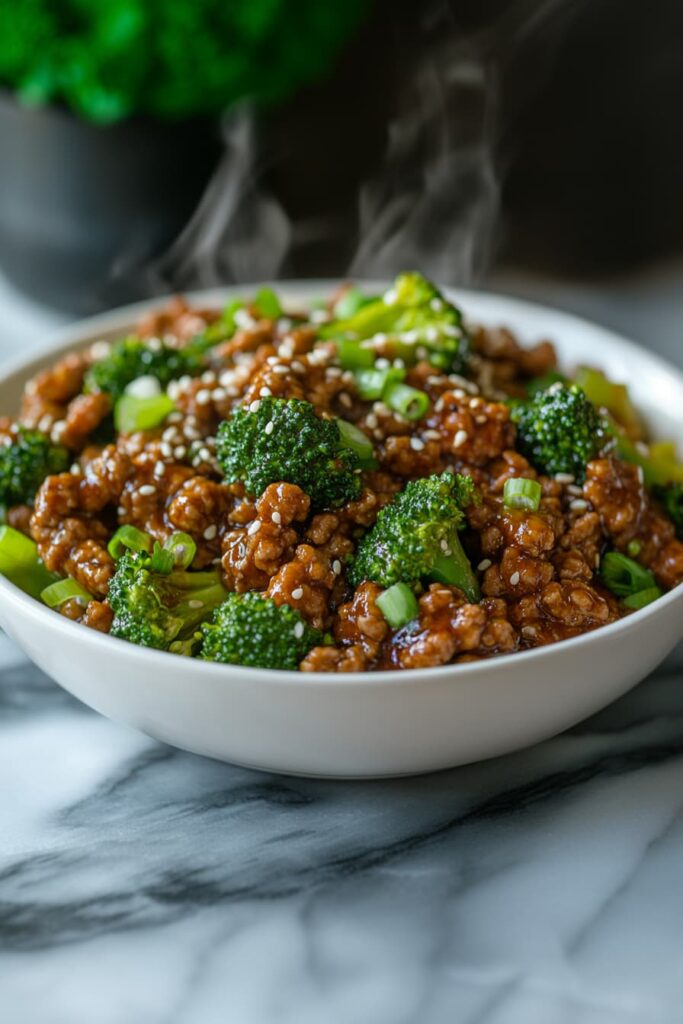 Prepped ingredients including chopped broccoli, minced garlic, diced onions, and sauces on a wooden board.