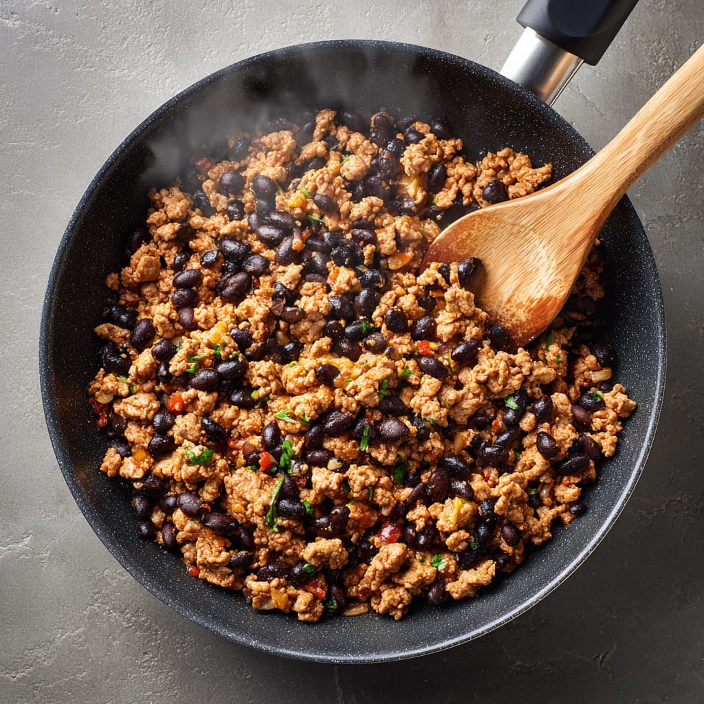 Ground turkey and black beans cooking in a skillet with taco seasoning for taco pizza