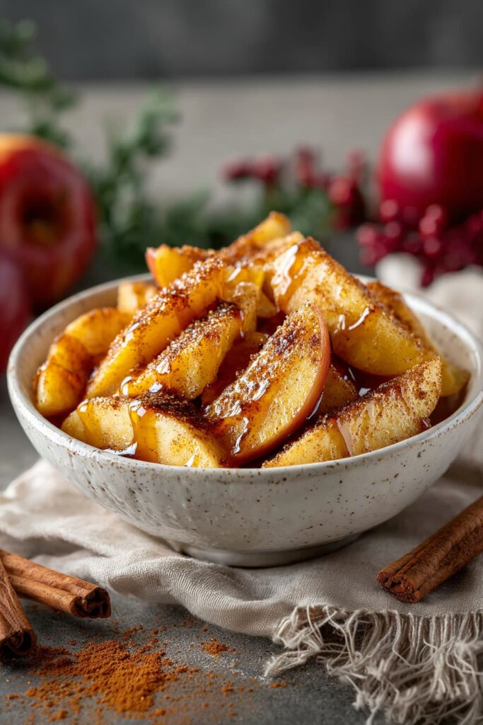 Warm air‑fried cinnamon apples in a white bowl, garnished with chopped pecans and served on a wooden board.