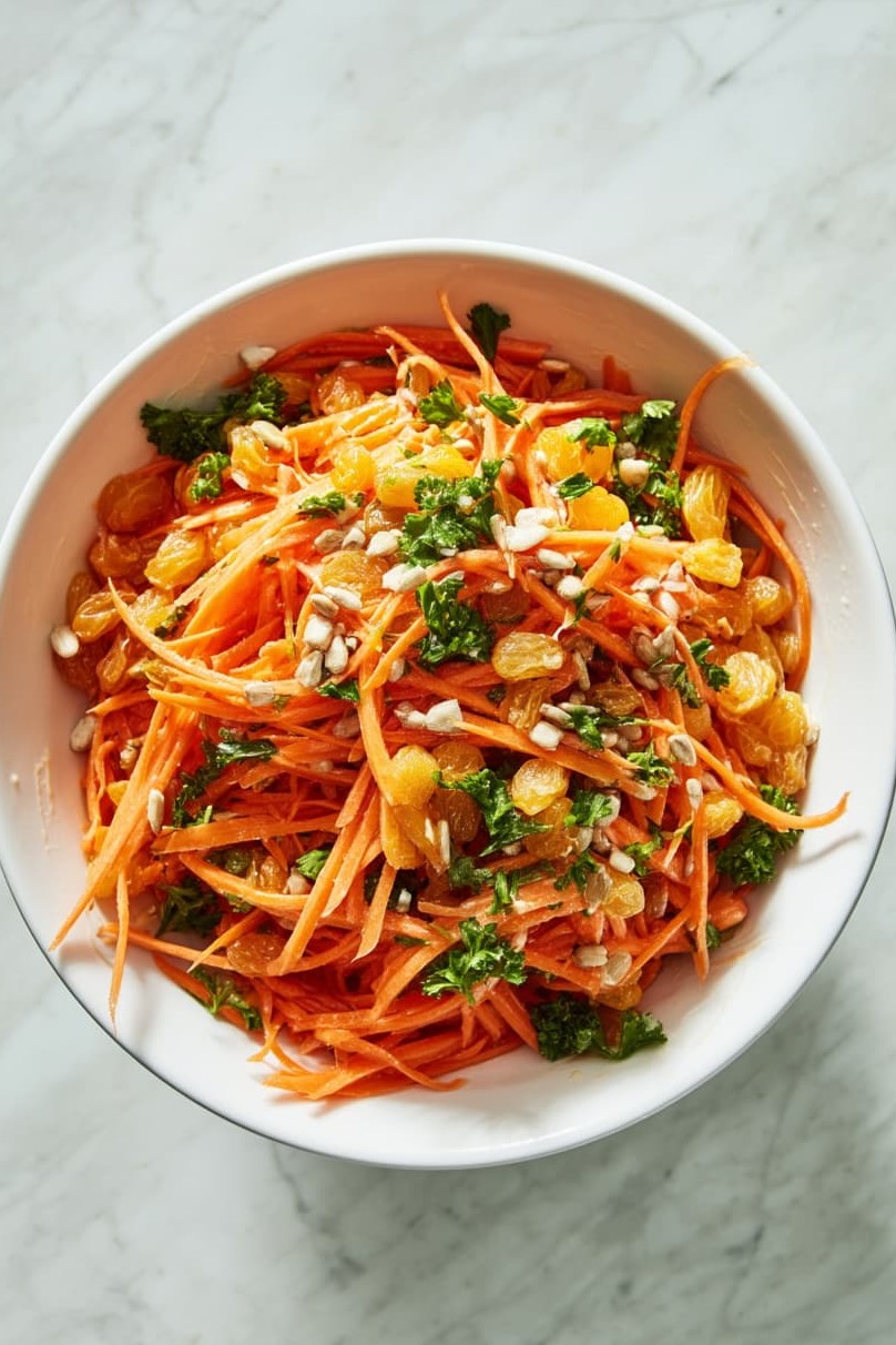 Fresh carrot salad with shredded carrots, raisins, parsley, and seeds in a white bowl with light dressing