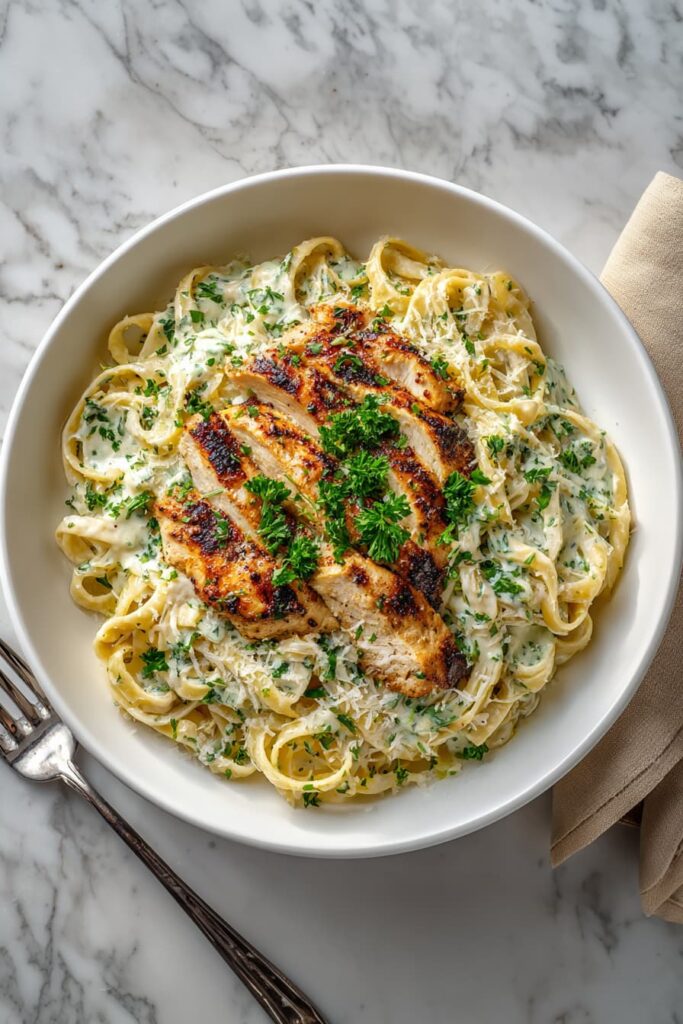 Healthy chicken Alfredo pasta with grilled chicken, creamy cauliflower sauce, and fresh parsley in a white bowl.