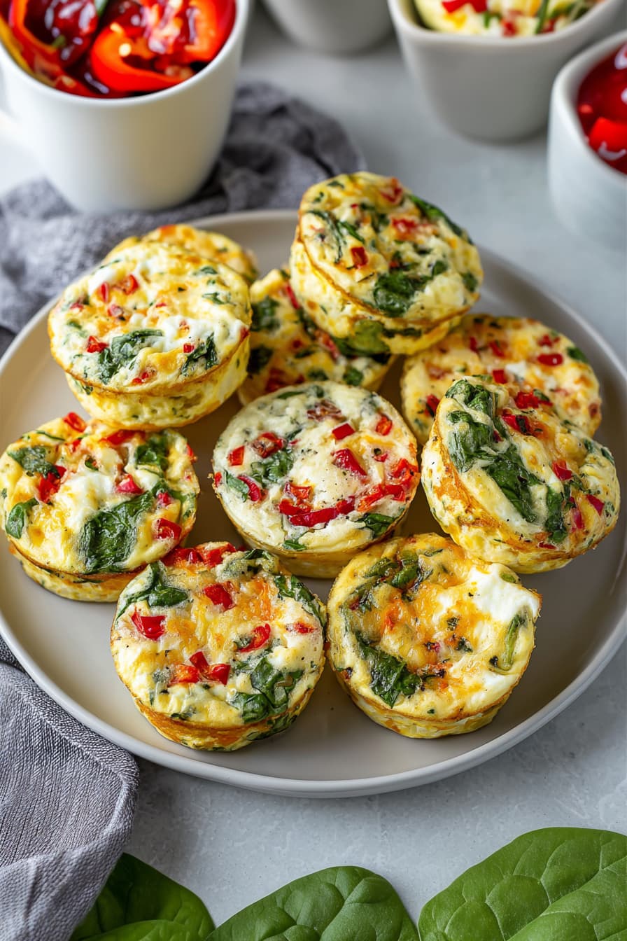 Healthy cottage cheese egg bites with spinach and red bell pepper, baked until fluffy and served on a plate for a high protein breakfast.