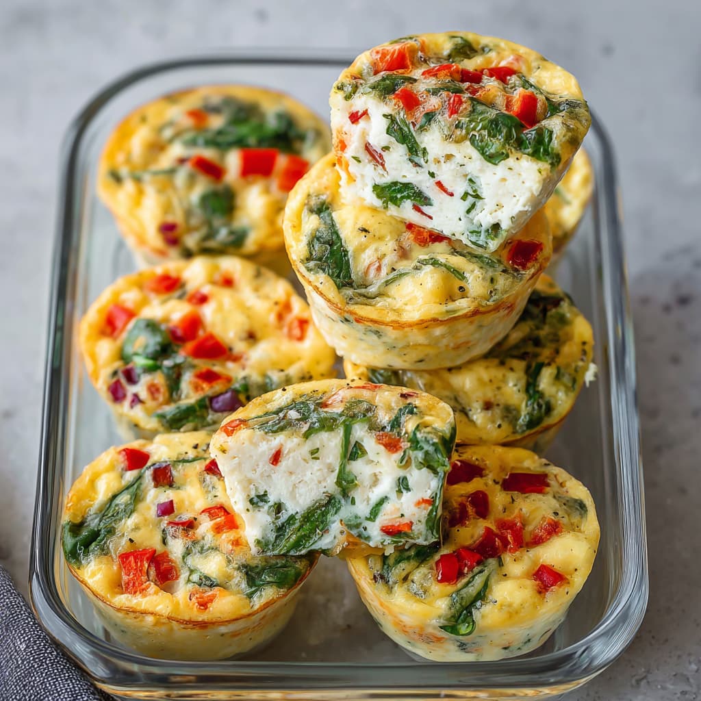 High protein cottage cheese egg bites with spinach and red bell pepper, one cut in half to show fluffy interior in a glass meal prep container.