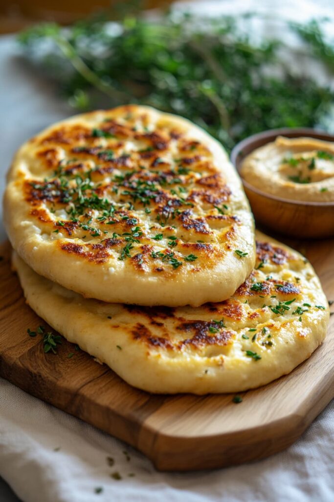 Healthy cottage cheese flatbreads served with herbs and hummus