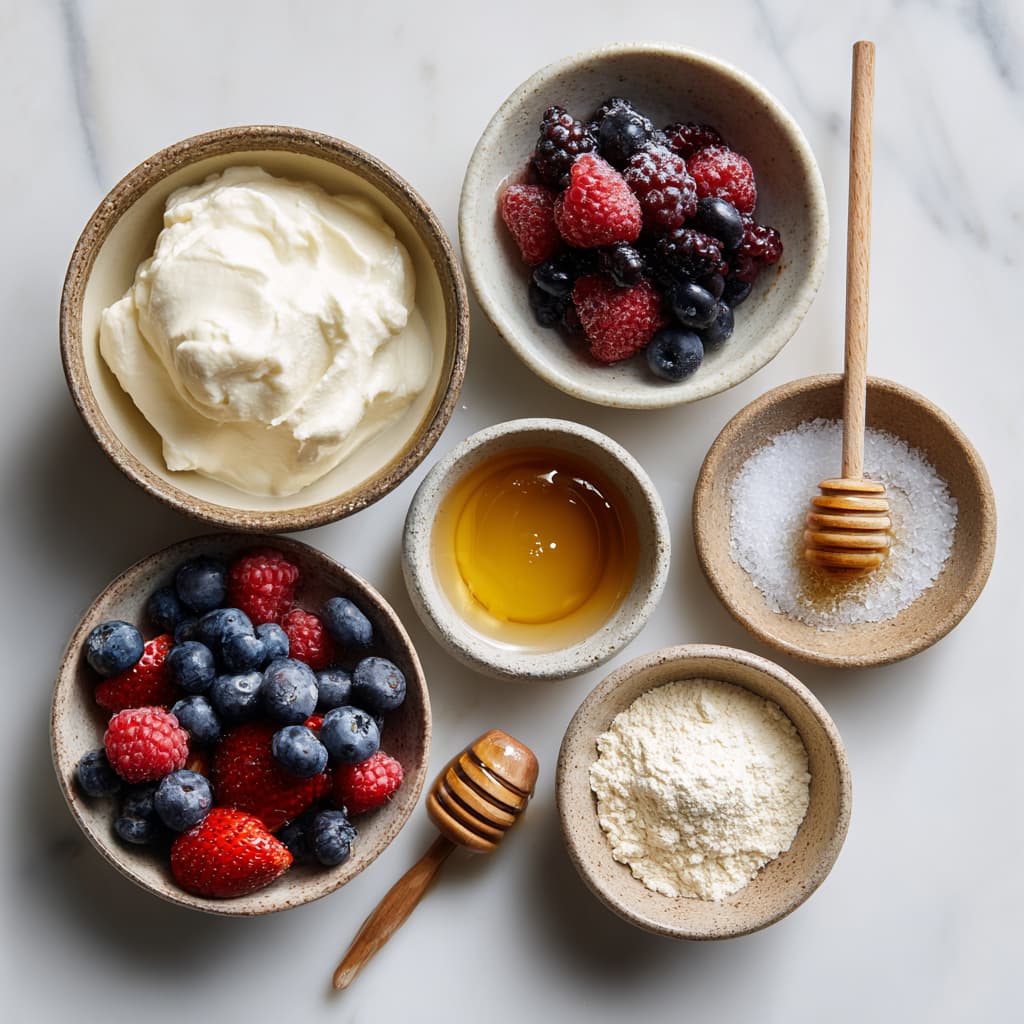 Ingredients for healthy frozen yogurt: Greek yogurt, frozen berries, honey, vanilla, sea salt, and optional protein powder on a marble surface.