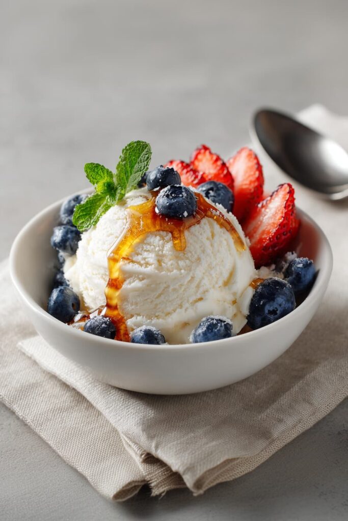 Bowl of healthy frozen yogurt topped with berries, honey, and mint