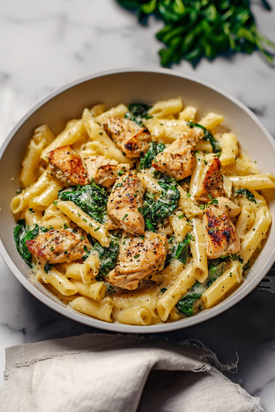 Healthy garlic parmesan chicken pasta with penne, seared chicken breast, spinach, and a light creamy parmesan garlic sauce served in a bowl.