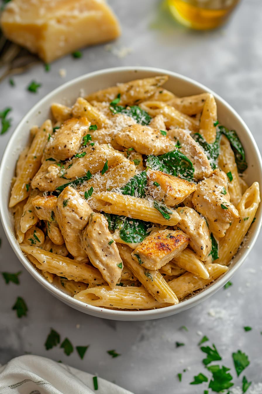 Healthy garlic parmesan chicken pasta made with whole wheat penne, chicken breast, spinach, and creamy yogurt-parmesan sauce.