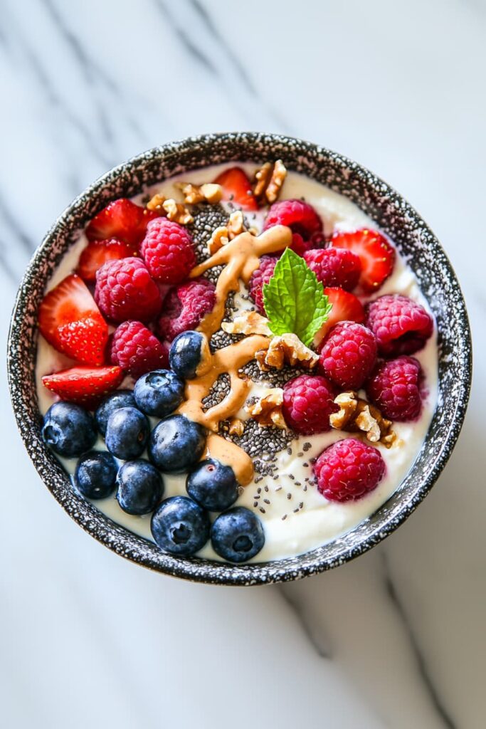 Healthy Greek yogurt bowl topped with fresh mixed berries, almond butter, chia seeds, chopped walnuts, and fresh mint leaves