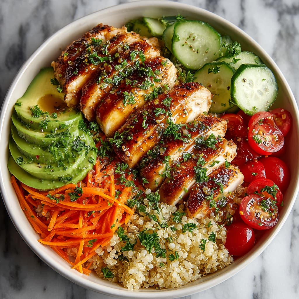 Healthy quinoa bowl with grilled chicken, avocado, cucumber, cherry tomatoes, shredded carrots, and fresh herbs served in a white bowl.