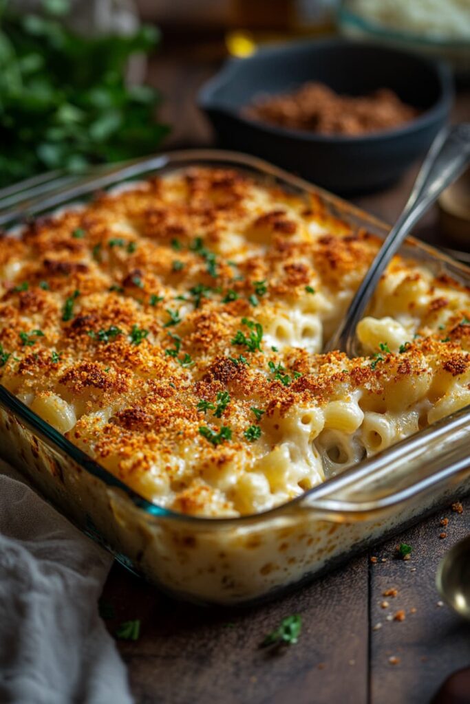 Healthy High Protein Baked Mac and Cheese with golden topping and creamy sauce