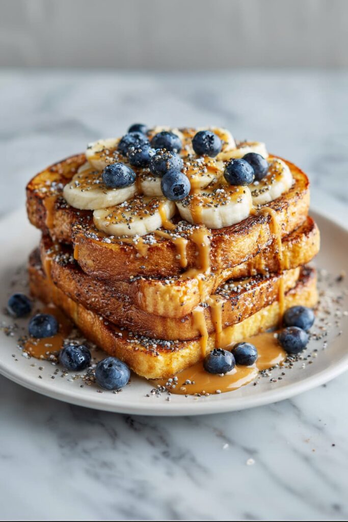 Healthy high protein French toast topped with banana, blueberries, peanut butter, and chia seeds on a white plate.