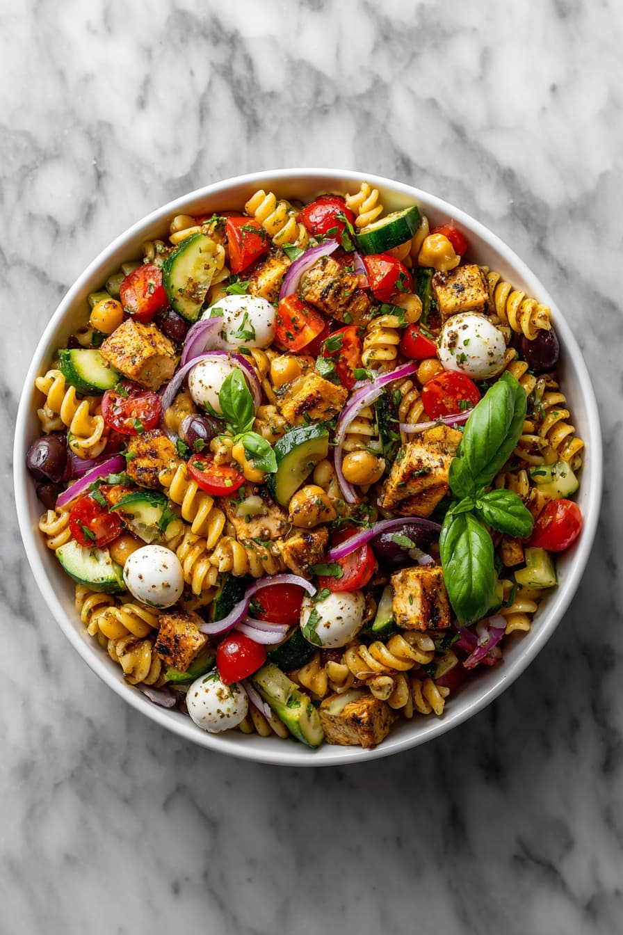 Healthy high-protein Italian pasta salad with chickpea pasta, grilled chicken, fresh vegetables, and basil in a white bowl