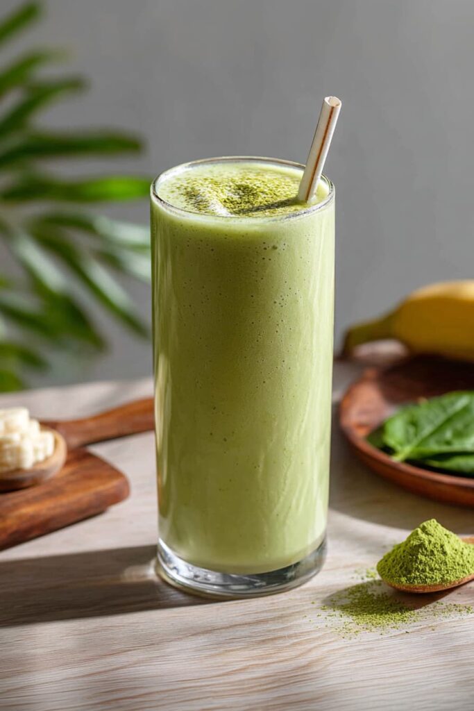 Creamy and energizing matcha smoothie in a glass with banana, spinach, and matcha powder.