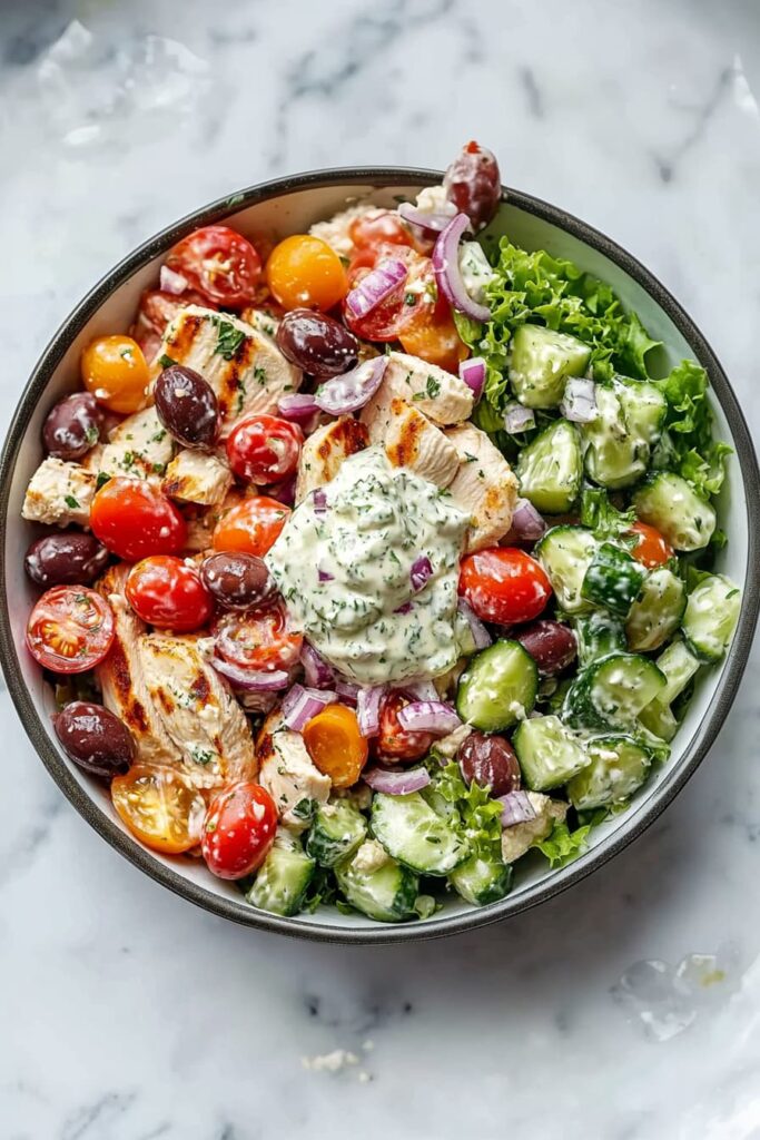 Overhead shot of Mediterranean Tzatziki Chicken Salad with grilled chicken, fresh vegetables, olives, feta, and creamy tzatziki dressing in a large bowl.
