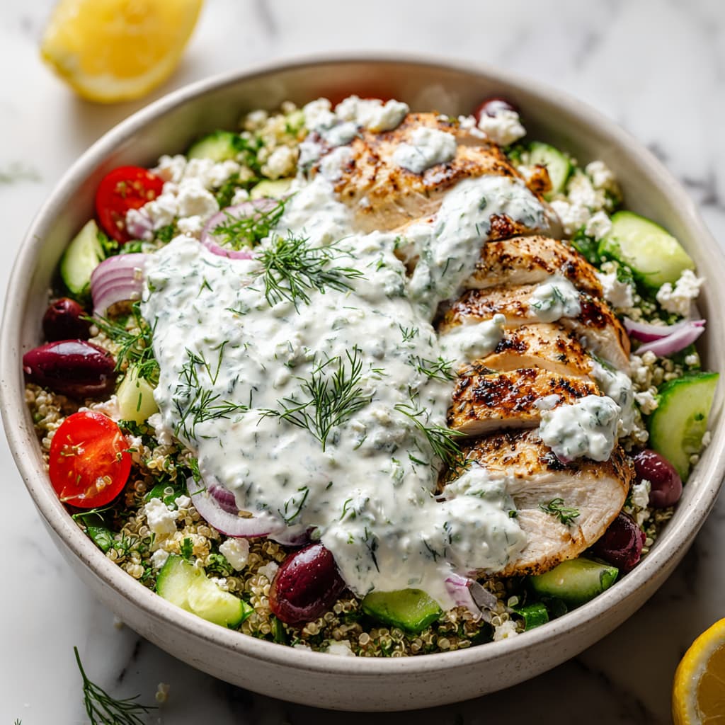 Healthy Mediterranean tzatziki chicken salad with grilled chicken, quinoa, cucumber, olives, feta cheese, and creamy Greek yogurt dressing in a bowl