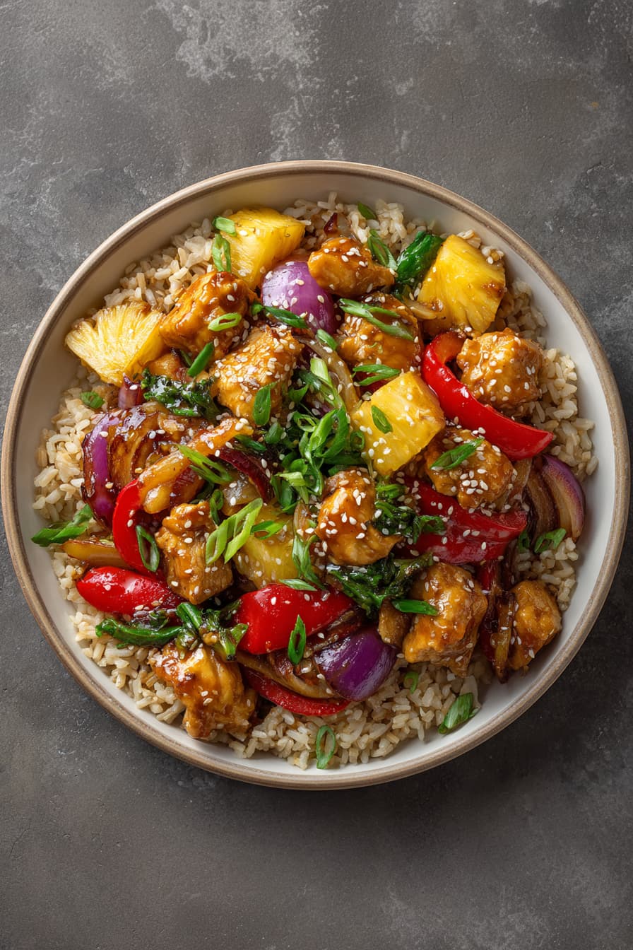 Healthy pineapple chicken stir-fry served over brown rice with colorful vegetables and pineapple chunks.