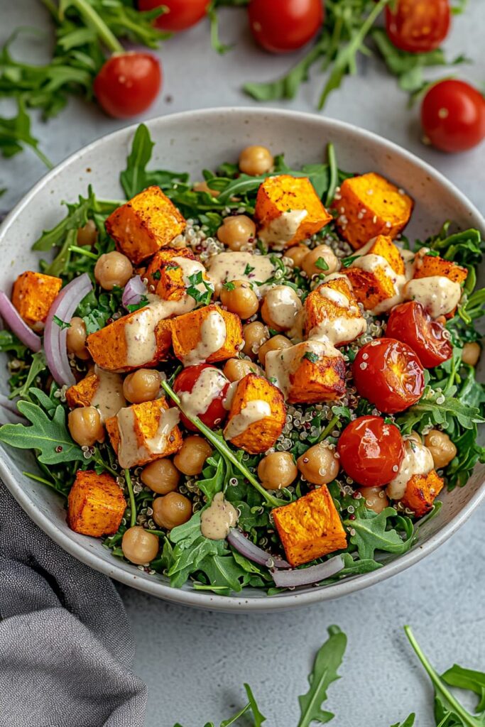 Healthy roasted sweet potato salad with quinoa, chickpeas, and tahini dressing served in a white bowl.