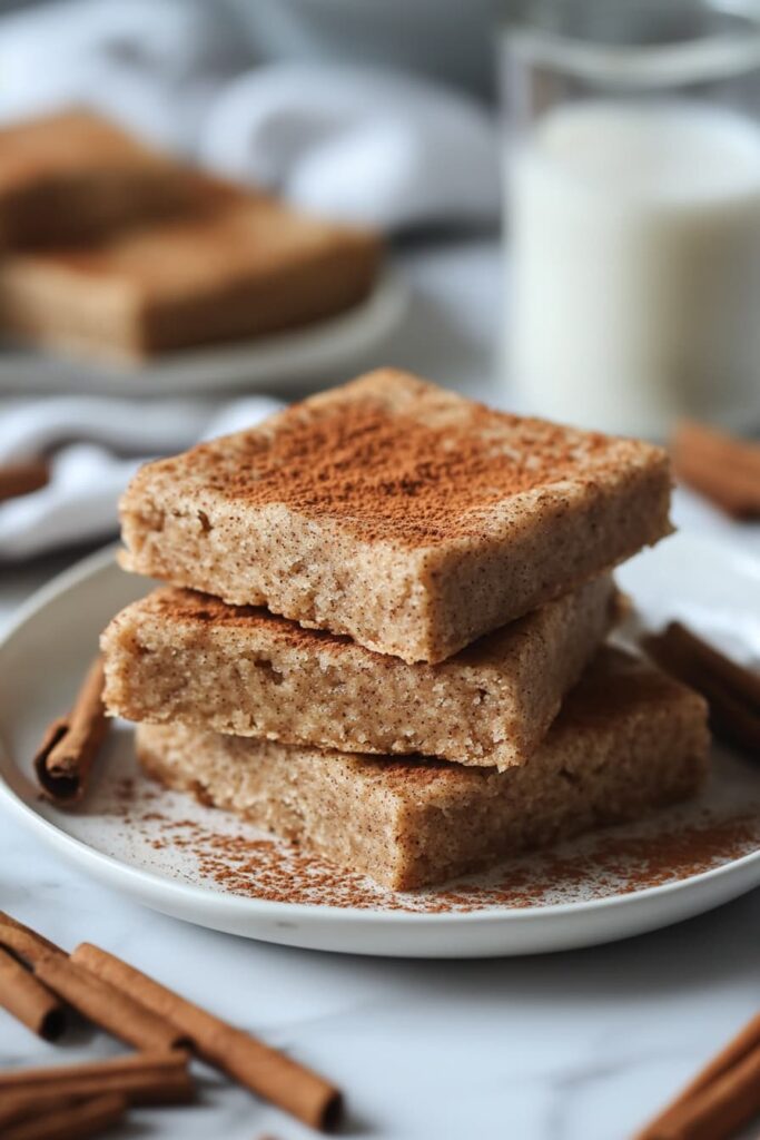 Healthy snickerdoodle protein bars stacked on a plate with cinnamon topping and almond milk in the background.