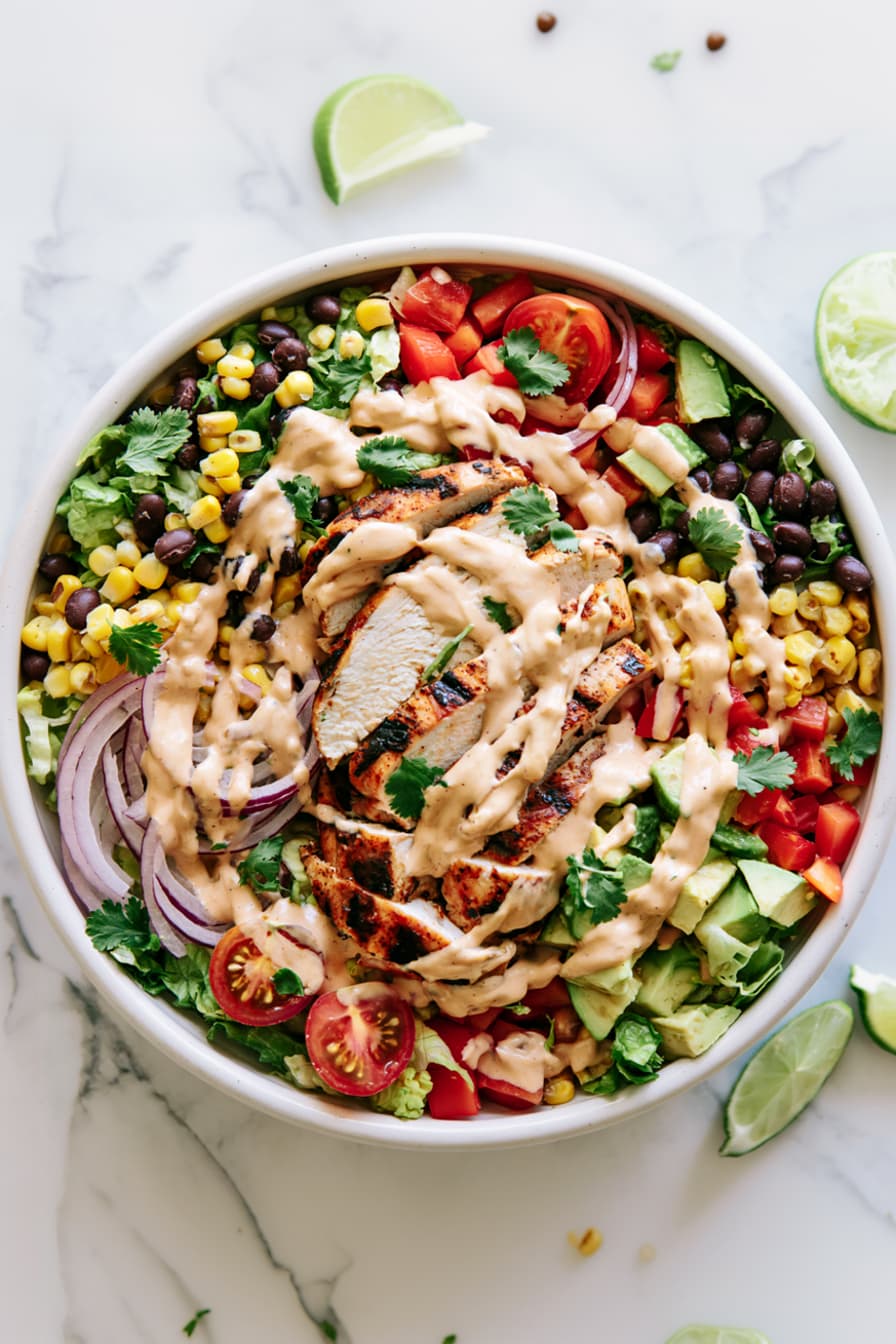 Overhead view of a healthy Southwest chicken salad with grilled chicken, black beans, corn, avocado, tomatoes, red onion, and creamy chipotle dressing in a white bowl
