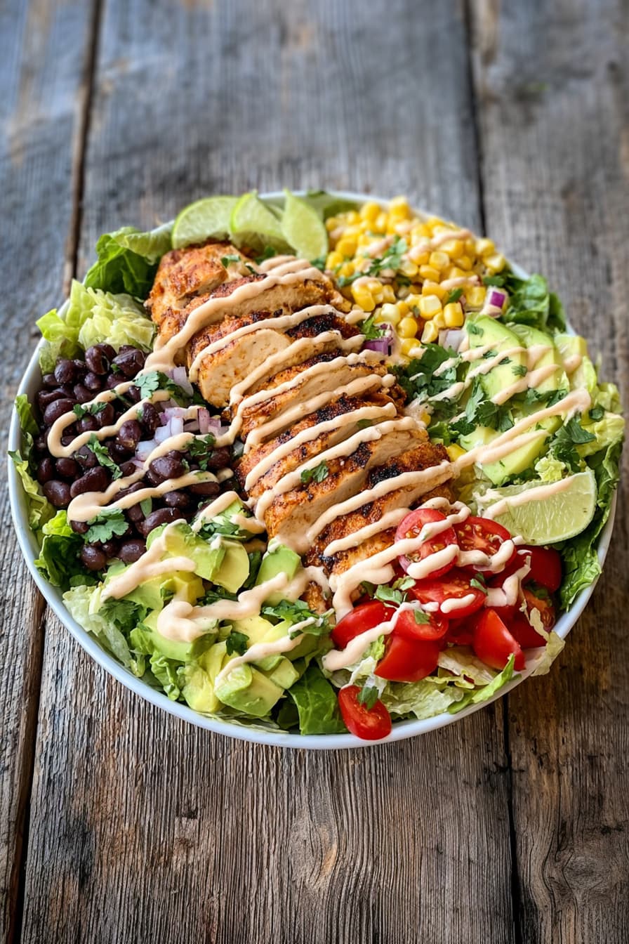 Healthy Southwest Chicken Salad in a white bowl with grilled chicken, vegetables, and creamy chipotle dressing.