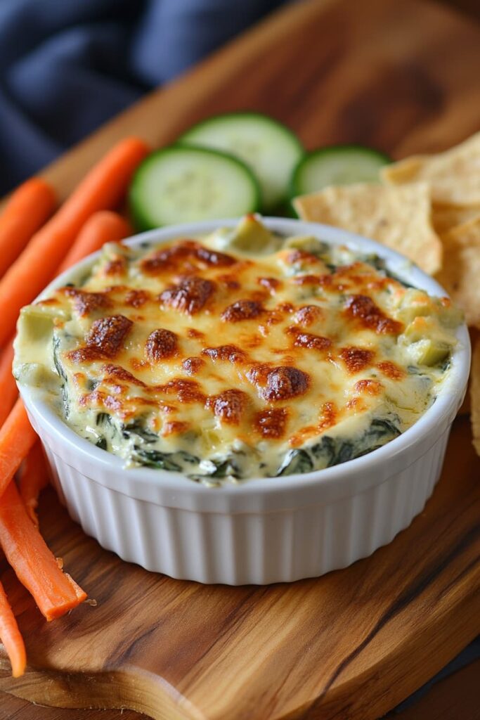 Healthy spinach artichoke dip with Greek yogurt served with fresh vegetables