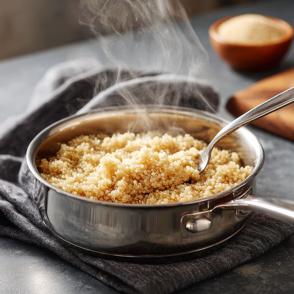 Cooked quinoa being fluffed in a saucepan for healthy summer salad.