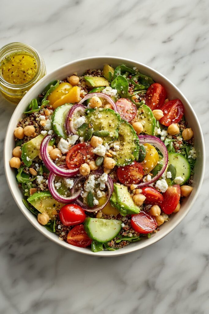 Healthy summer salad with quinoa, avocado, tomatoes, chickpeas, and lemon-herb vinaigrette served in a large bowl.

