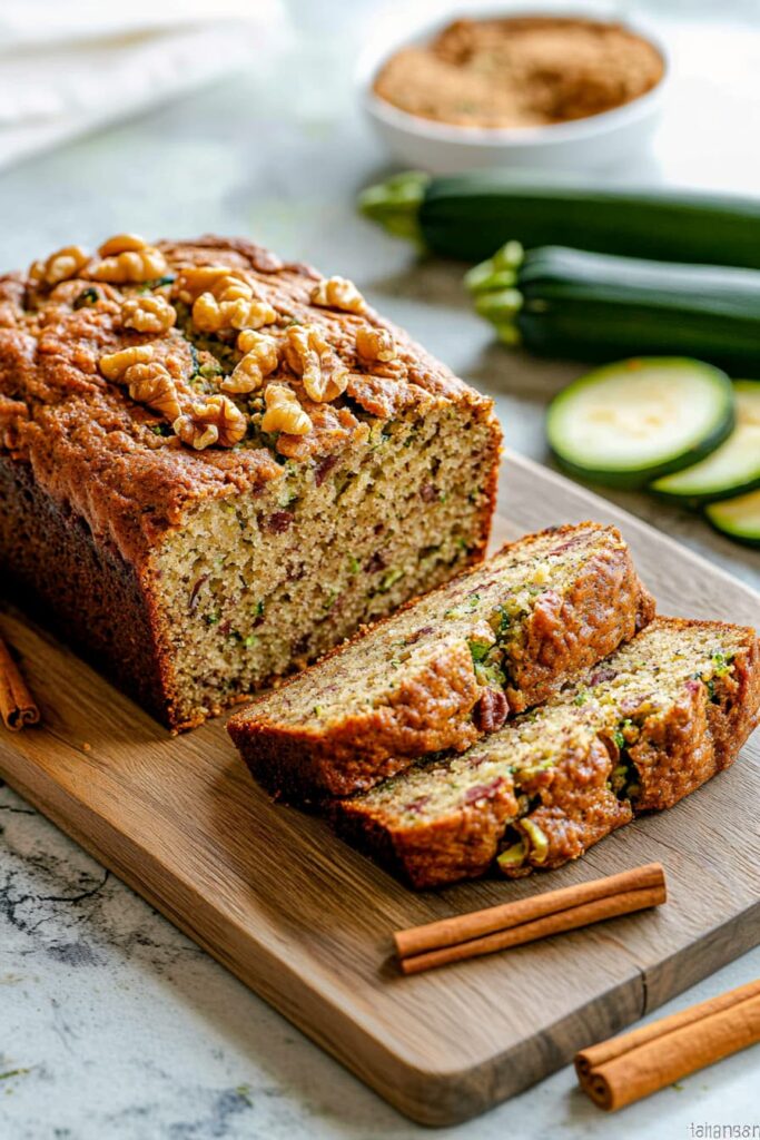 Whole healthy zucchini bread loaf topped with nuts, with one slice cut and fresh zucchini in the background.