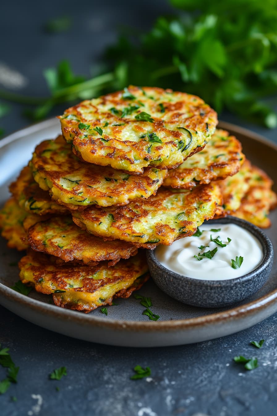 Healthy zucchini fritters stacked on a plate with Greek yogurt dip and fresh herbs.