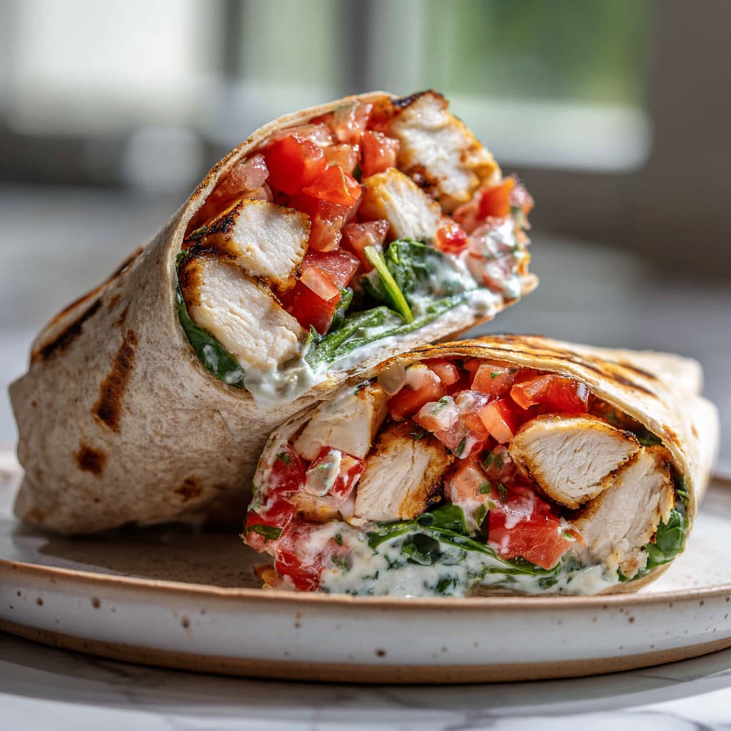 Close-up of a high protein bruschetta chicken wrap filled with grilled chicken breast, diced tomatoes, spinach, and creamy yogurt sauce in a toasted tortilla.