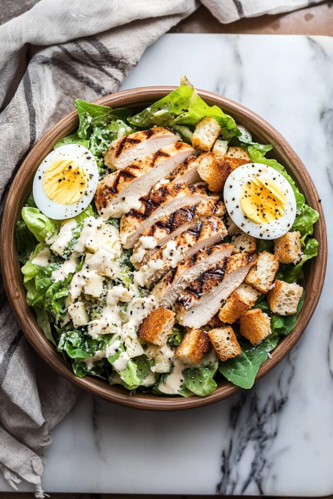 High Protein Grilled Chicken Caesar Salad with romaine, Parmesan, Greek yogurt dressing, and grilled chicken breast.