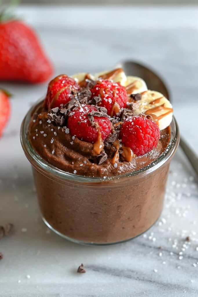 High protein chocolate chia pudding in a glass jar topped with banana, berries, nut butter, and cacao nibs.