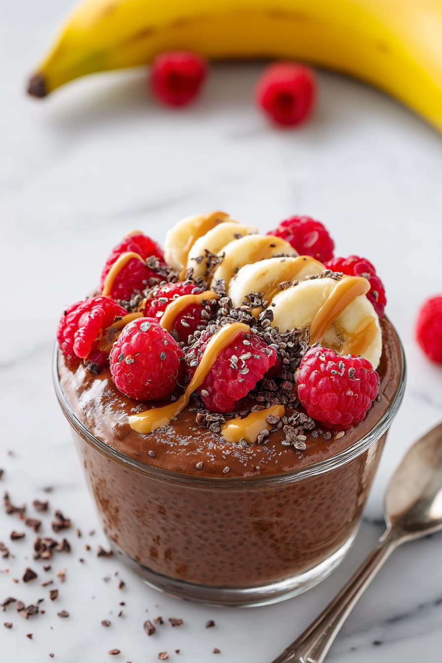 High protein chocolate chia pudding in a glass jar topped with banana, berries, nut butter, and cacao nibs.