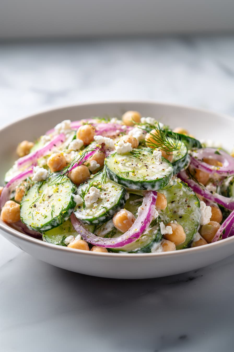 High protein cucumber salad with Greek yogurt dressing, chickpeas, dill, and feta in a white bowl, close-up view.