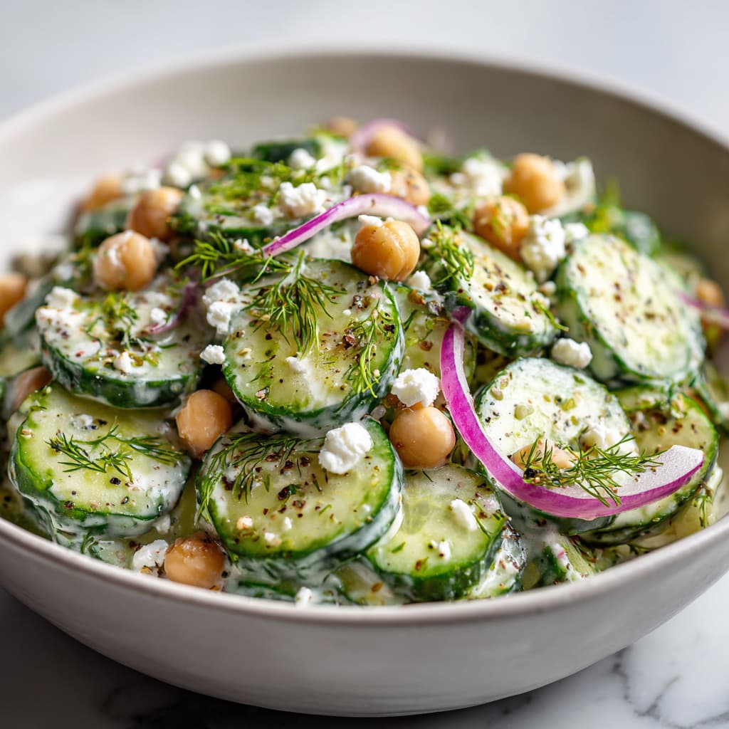 High protein cucumber salad with chickpeas, red onion, Greek yogurt dressing, fresh dill, and feta in a white bowl.