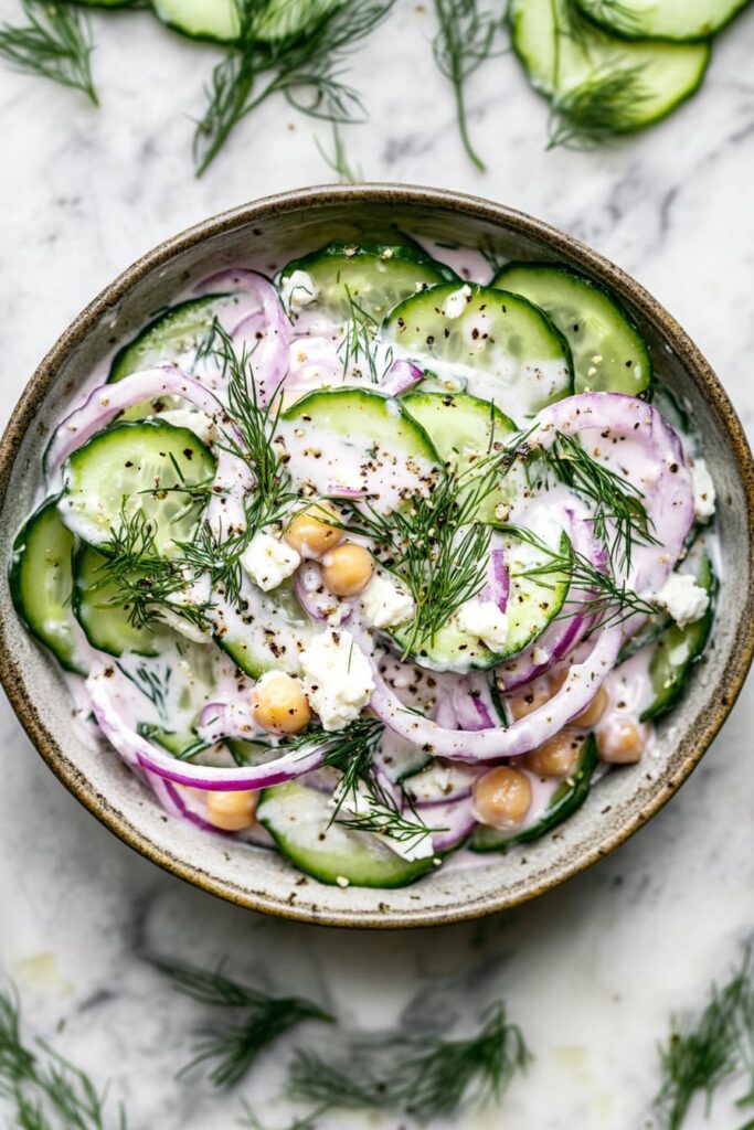 High protein cucumber salad with chickpeas, red onion, and Greek yogurt dressing, garnished with fresh dill and feta in a ceramic bowl
