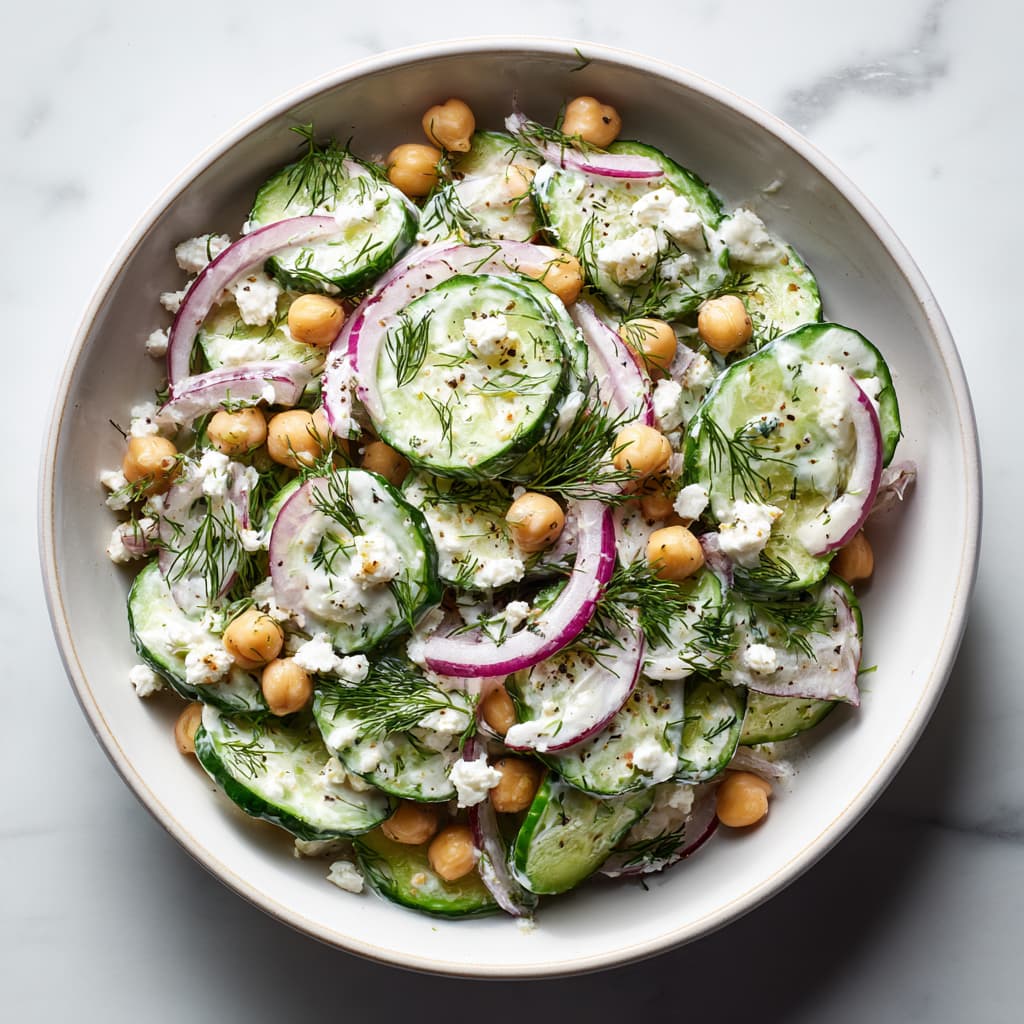 High protein cucumber salad with chickpeas, red onion, Greek yogurt dressing, fresh dill, and feta in a white bowl.